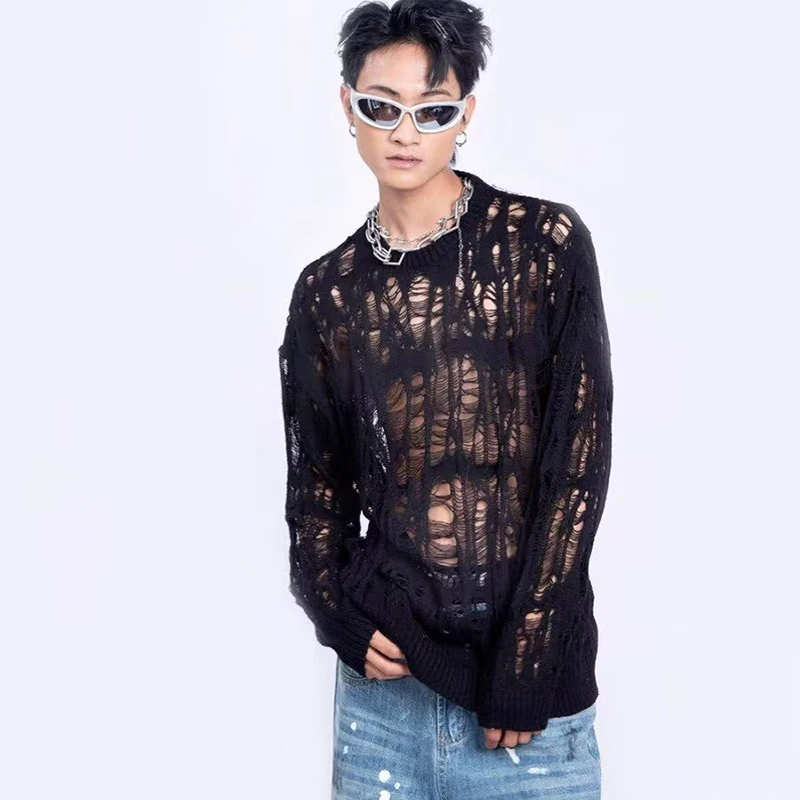 Vintage Ripped Hollow Out Mesh Knit Sweater Men Autumn Streetwear Fashion Crew Neck Long Sleeve Knitted T Shirt Men’s Clothing