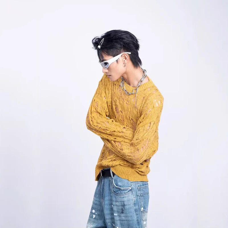 Vintage Ripped Hollow Out Mesh Knit Sweater Men Autumn Streetwear Fashion Crew Neck Long Sleeve Knitted T Shirt Men’s Clothing