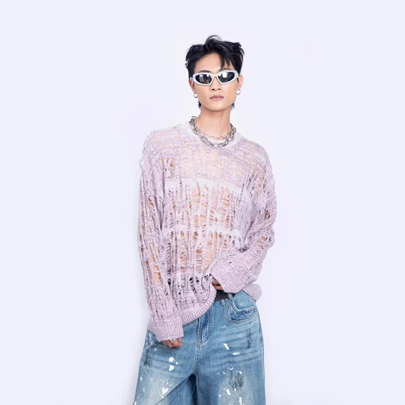 Vintage Ripped Hollow Out Mesh Knit Sweater Men Autumn Streetwear Fashion Crew Neck Long Sleeve Knitted T Shirt Men’s Clothing