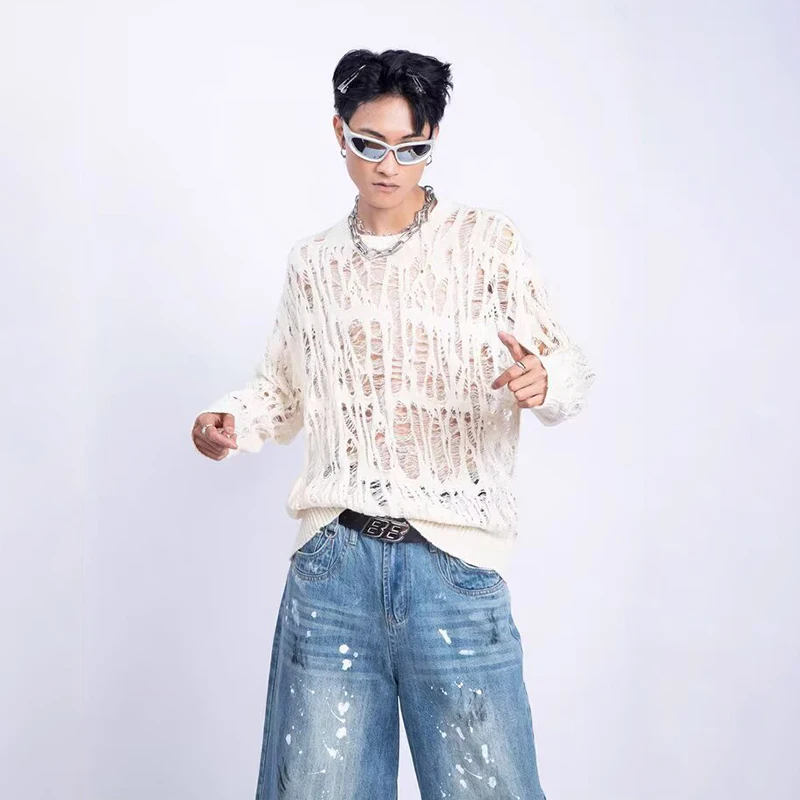 Vintage Ripped Hollow Out Mesh Knit Sweater Men Autumn Streetwear Fashion Crew Neck Long Sleeve Knitted T Shirt Men’s Clothing