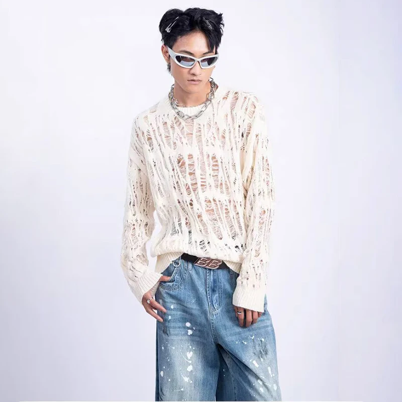 Vintage Ripped Hollow Out Mesh Knit Sweater Men Autumn Streetwear Fashion Crew Neck Long Sleeve Knitted T Shirt Men’s Clothing