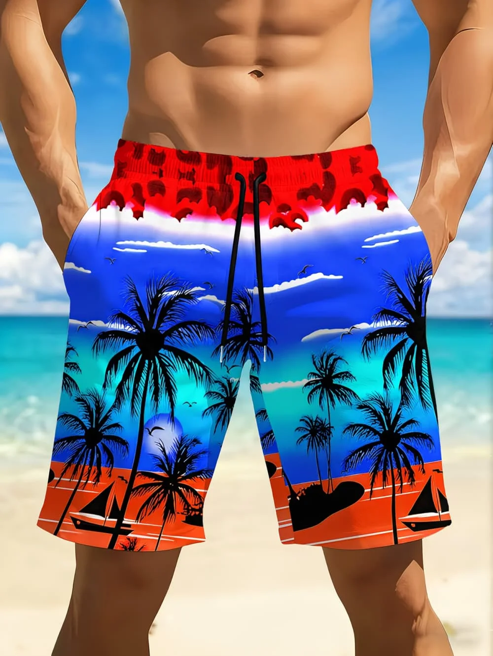 Men's Hawaiian Swim Trunks 3D Gradient Palm Tree Print Beach Shorts Quick Dry Outdoor Fashion Sports Shorts Fashion Men's Shorts