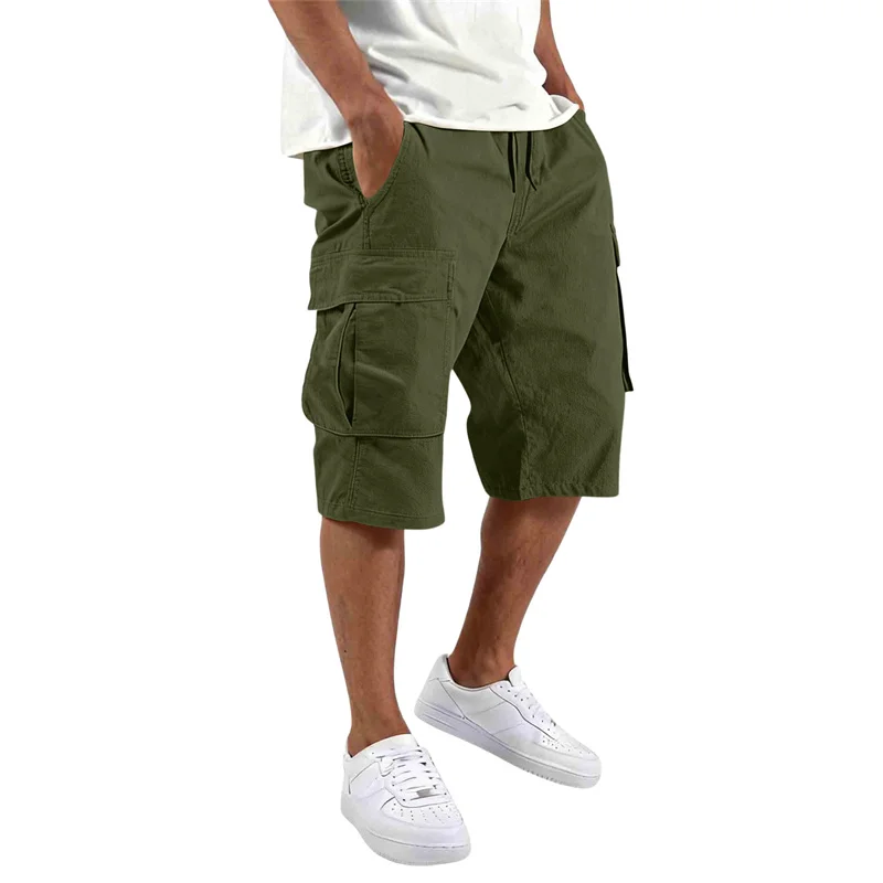 2026 Summer men loose straight pants Casual multi-pocket Shorts pure color fashion Men Shorts drawstring daily cargo short pants