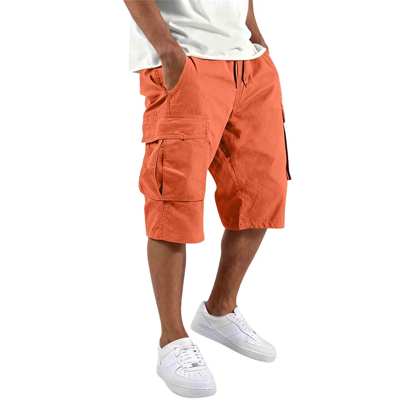 2026 Summer men loose straight pants Casual multi-pocket Shorts pure color fashion Men Shorts drawstring daily cargo short pants
