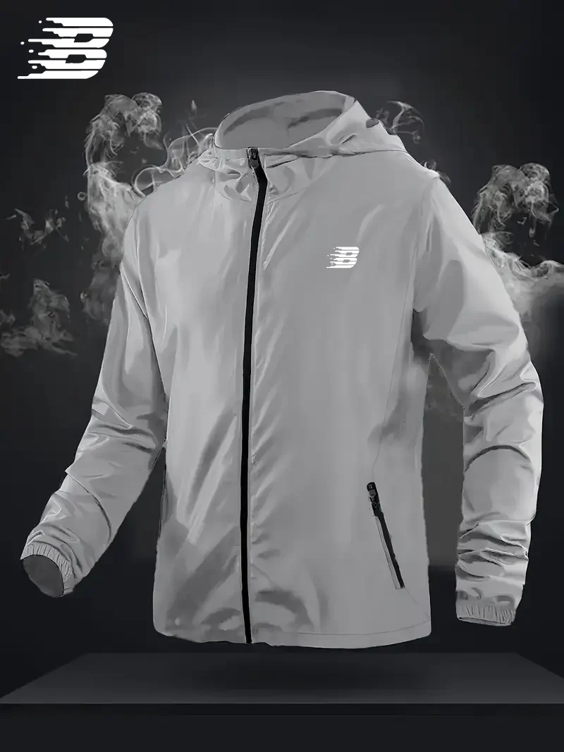 Mens B Logo Hooded Windbreaker Lightweight Waterproof Outdoor Sports Casual Long Sleeve Jacket Coat