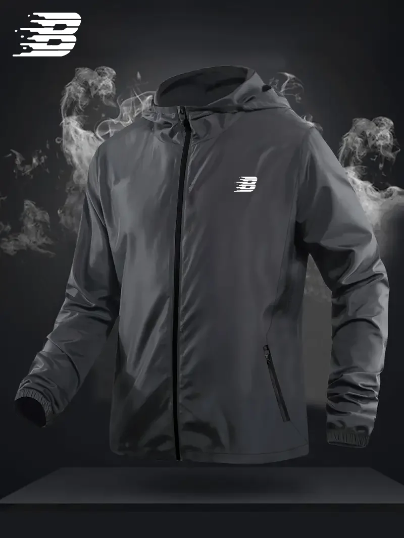 Mens B Logo Hooded Windbreaker Lightweight Waterproof Outdoor Sports Casual Long Sleeve Jacket Coat