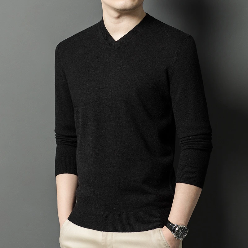 New Sweatwear Men's V Neck Basic Solid Color Sweaters Round Neck Elastic Pullovers Warm Autumn Knitted Oversized Sweater Men