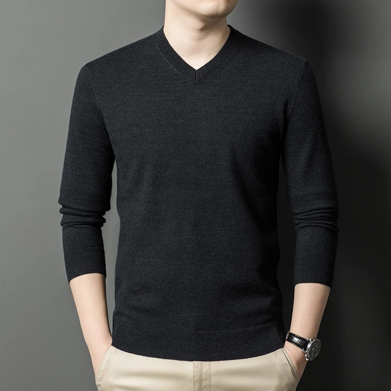 New Sweatwear Men's V Neck Basic Solid Color Sweaters Round Neck Elastic Pullovers Warm Autumn Knitted Oversized Sweater Men