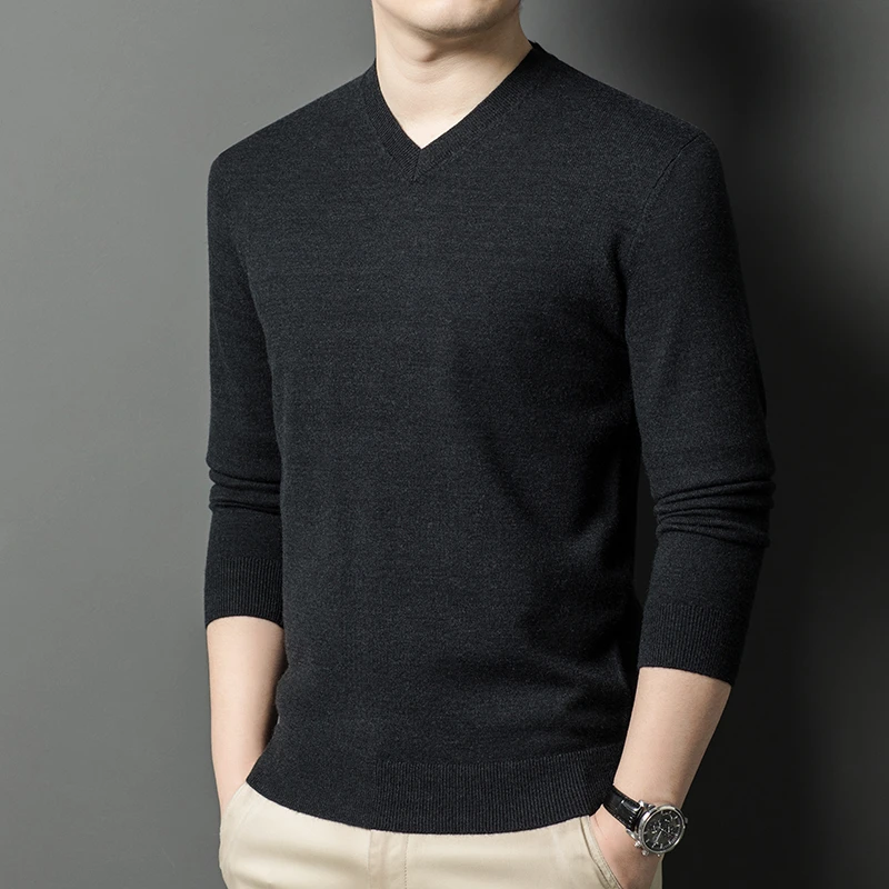 New Sweatwear Men's V Neck Basic Solid Color Sweaters Round Neck Elastic Pullovers Warm Autumn Knitted Oversized Sweater Men