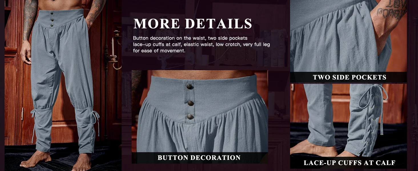Mens Medieval Ankle Pants Renaissance Viking Pirate Lace Up Tapered Halloween Linen Costume Trousers Cargo Pants