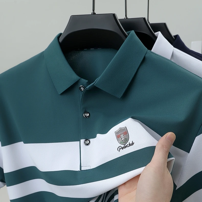 High end brand embossed men short sleeve polo shirt fashion stripe color blocked summer ice silk breathable luxury Paul T-shirt