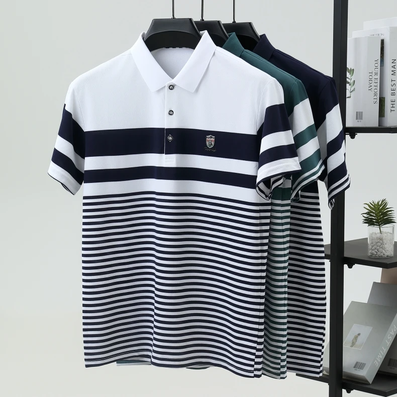 High end brand embossed men short sleeve polo shirt fashion stripe color blocked summer ice silk breathable luxury Paul T-shirt
