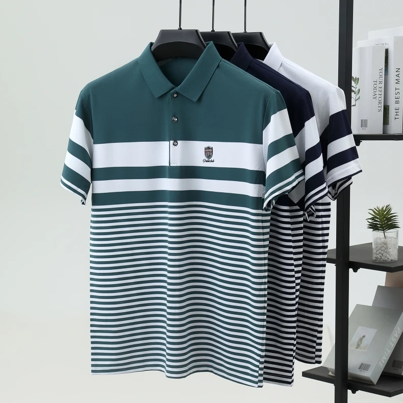 High end brand embossed men short sleeve polo shirt fashion stripe color blocked summer ice silk breathable luxury Paul T-shirt