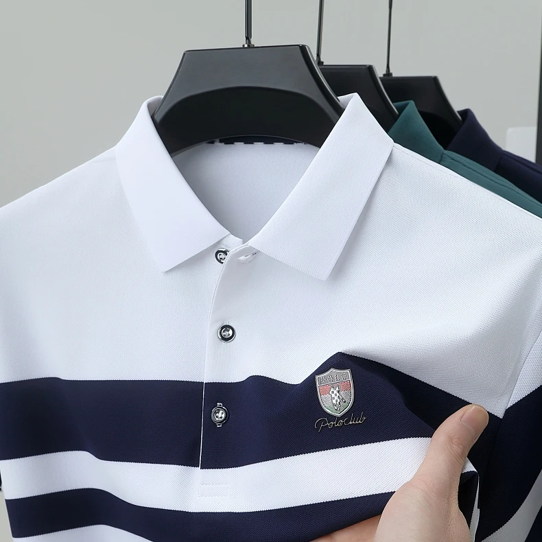 High end brand embossed men short sleeve polo shirt fashion stripe color blocked summer ice silk breathable luxury Paul T-shirt