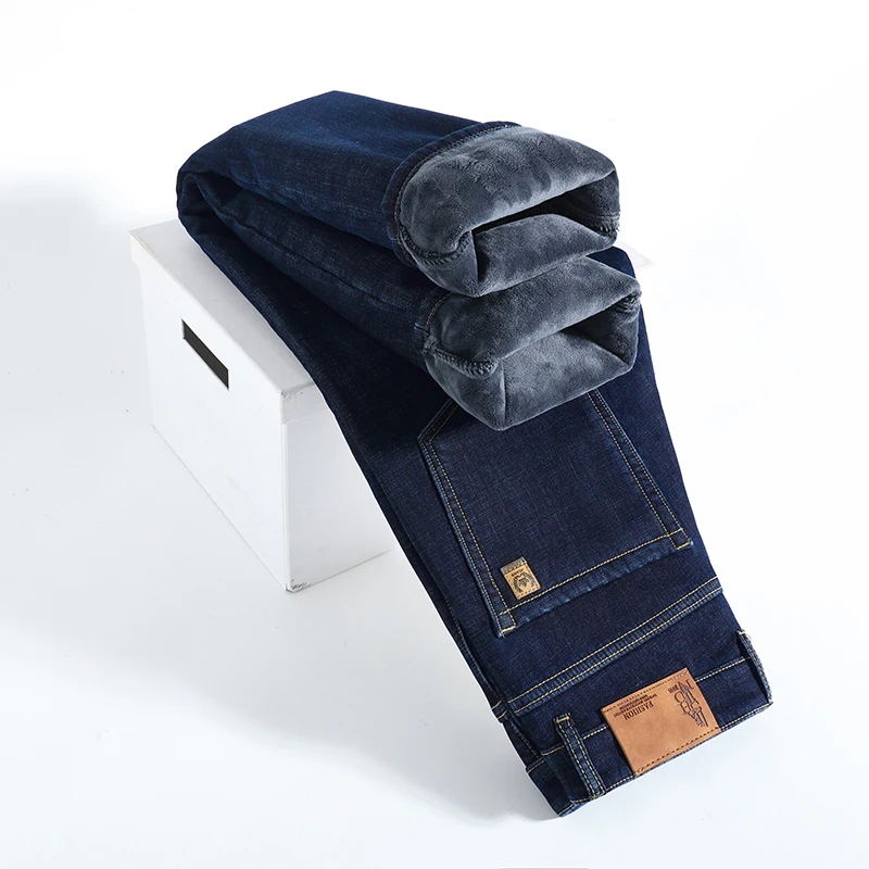 Winter Warm Fleece Jeans Men's Thick Thermal Casual Straight Denim Pants Male Business Work Stretch Trousers New Clothing