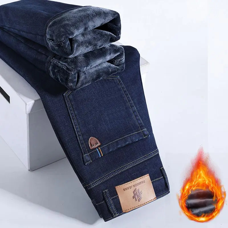 Winter Warm Fleece Jeans Men's Thick Thermal Casual Straight Denim Pants Male Business Work Stretch Trousers New Clothing