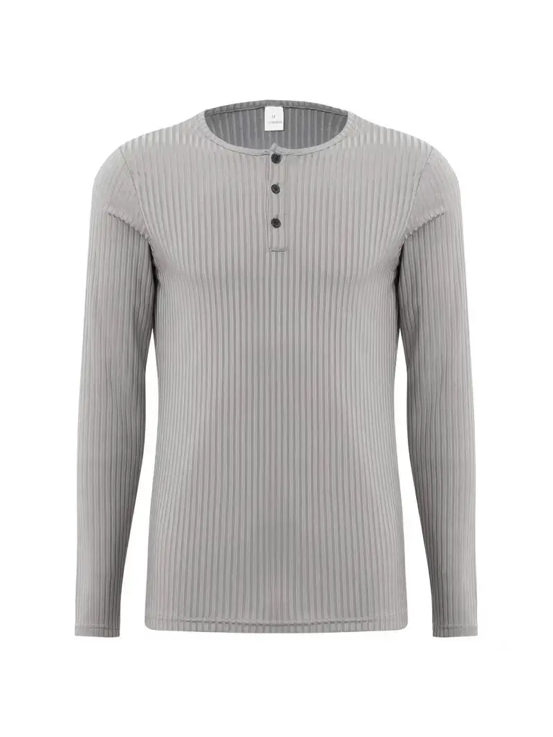 Autumn Men's Collarless Breasted Henry Shirt Top Fitness High Stretch Base Shirt Solid Color Plus Size Casual Long Sleeve