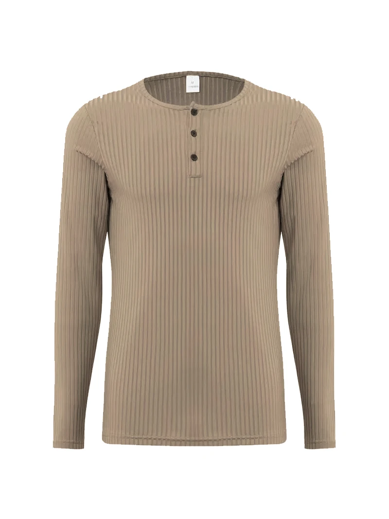 Autumn Men's Collarless Breasted Henry Shirt Top Fitness High Stretch Base Shirt Solid Color Plus Size Casual Long Sleeve