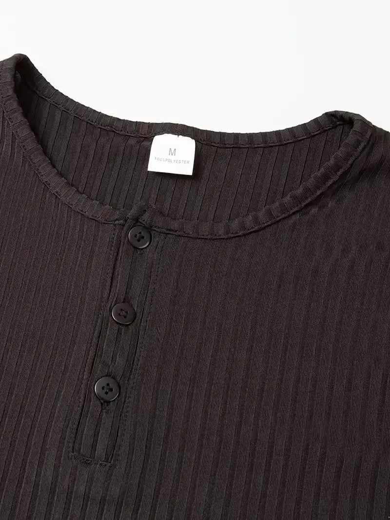 Autumn Men's Collarless Breasted Henry Shirt Top Fitness High Stretch Base Shirt Solid Color Plus Size Casual Long Sleeve