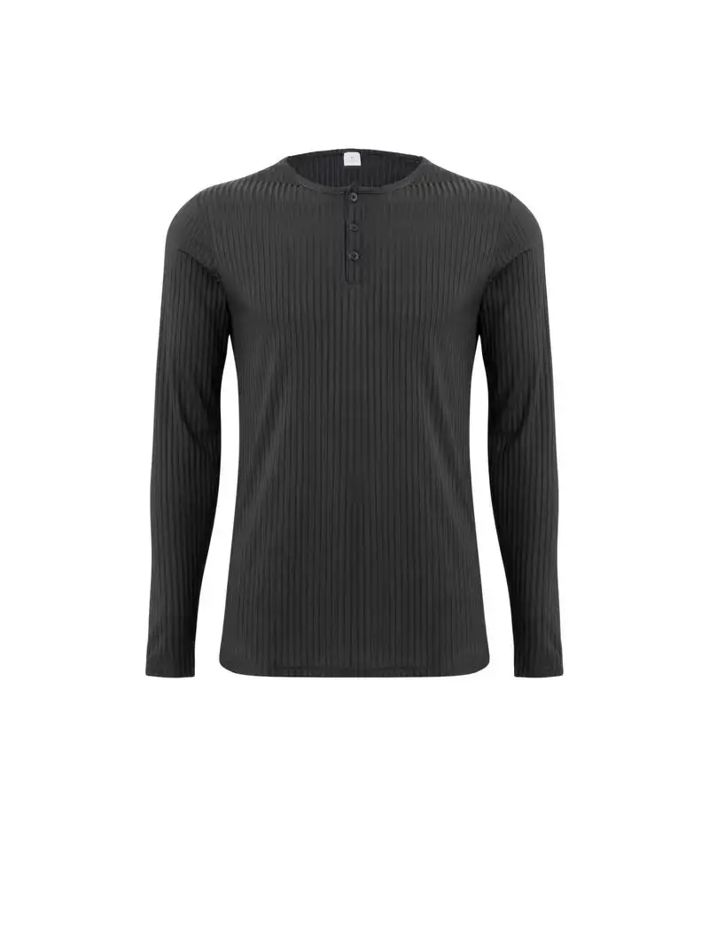 Autumn Men's Collarless Breasted Henry Shirt Top Fitness High Stretch Base Shirt Solid Color Plus Size Casual Long Sleeve