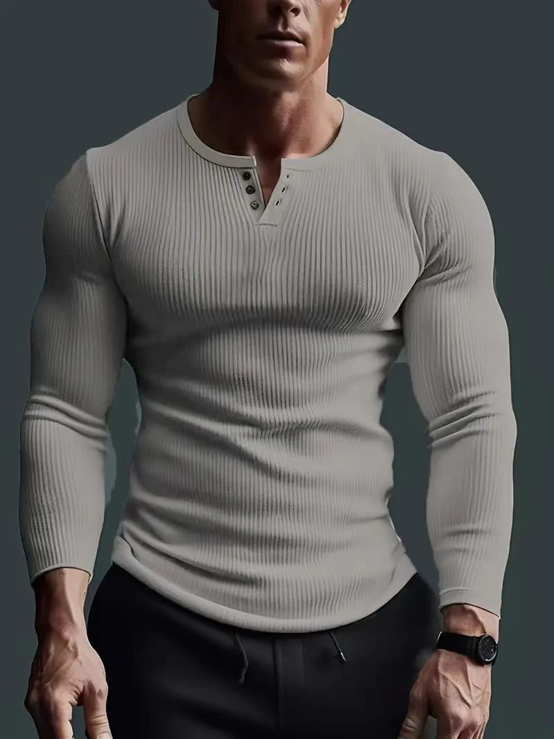 Autumn Men's Collarless Breasted Henry Shirt Top Fitness High Stretch Base Shirt Solid Color Plus Size Casual Long Sleeve