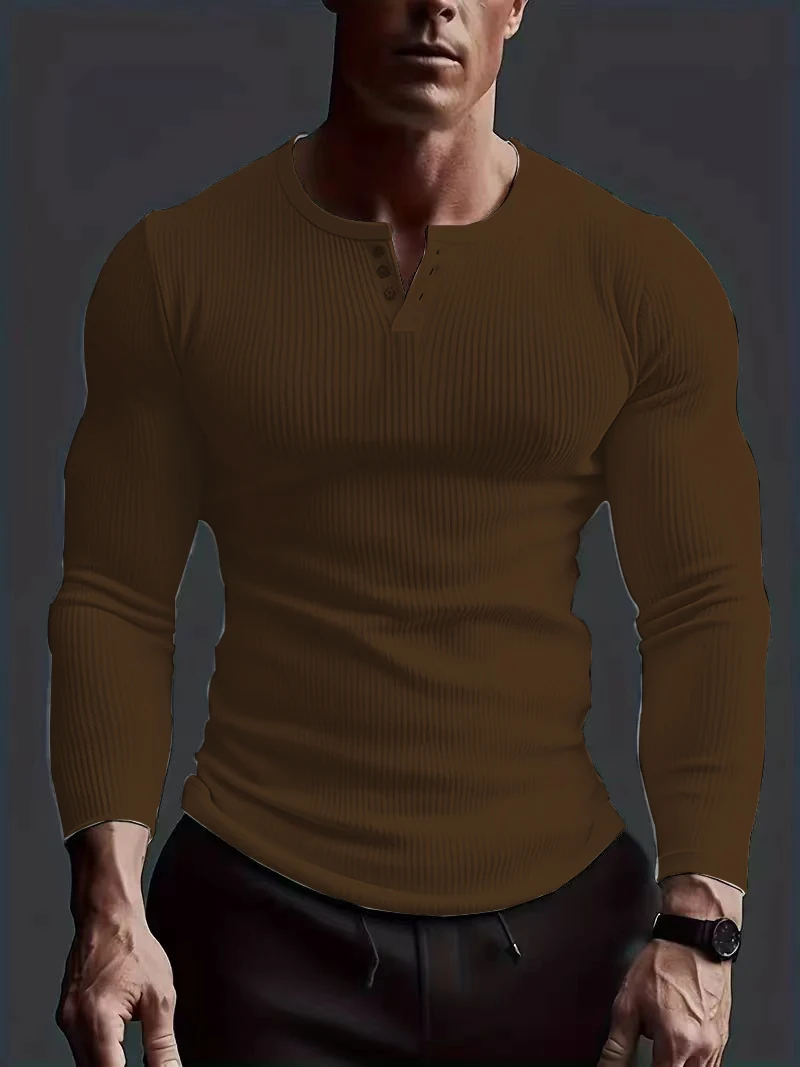 Autumn Men's Collarless Breasted Henry Shirt Top Fitness High Stretch Base Shirt Solid Color Plus Size Casual Long Sleeve
