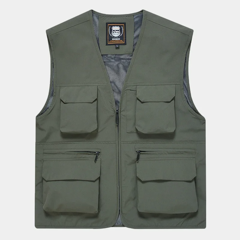 FGKKS Brand Men's Fashion Vest Solid Color Tooling Style Waistcoat Thin Multi-Pocket Casual Loose Vest for Men