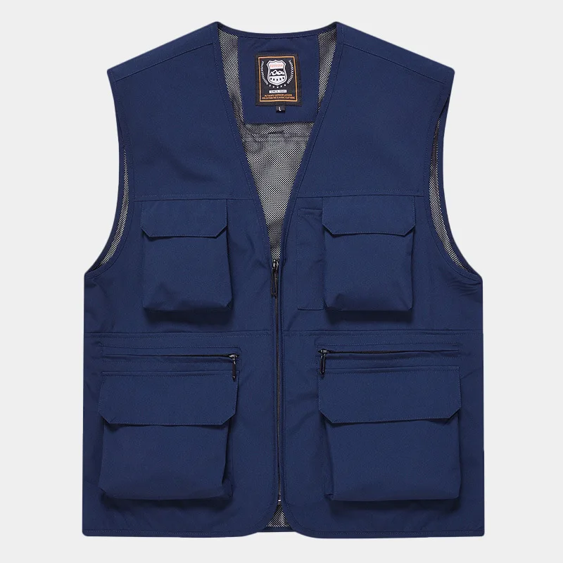 FGKKS Brand Men's Fashion Vest Solid Color Tooling Style Waistcoat Thin Multi-Pocket Casual Loose Vest for Men