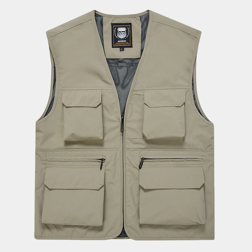 FGKKS Brand Men's Fashion Vest Solid Color Tooling Style Waistcoat Thin Multi-Pocket Casual Loose Vest for Men