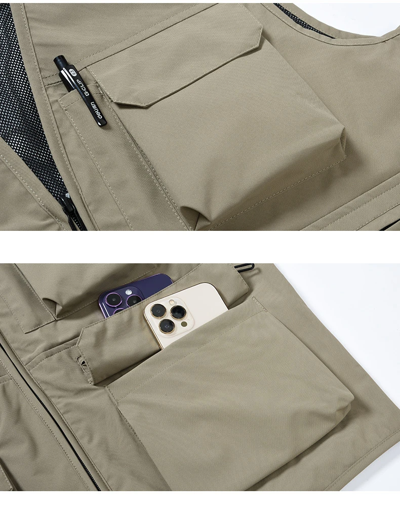 FGKKS Brand Men's Fashion Vest Solid Color Tooling Style Waistcoat Thin Multi-Pocket Casual Loose Vest for Men