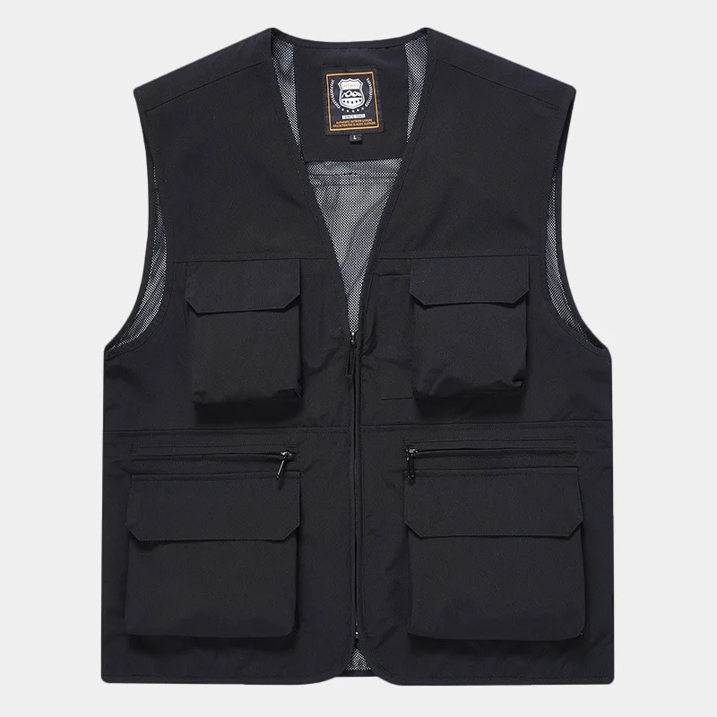 FGKKS Brand Men's Fashion Vest Solid Color Tooling Style Waistcoat Thin Multi-Pocket Casual Loose Vest for Men