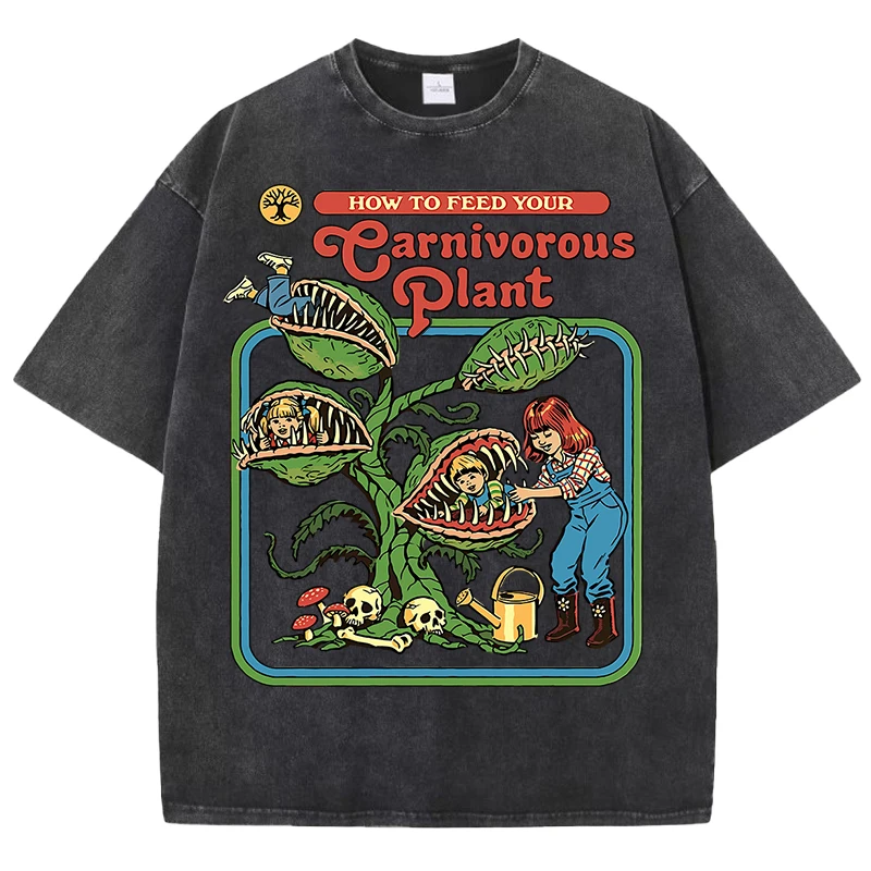 Earnivorous Plant Pattern Washed T-Shirts Men Breathable Cotton Casual T Shirt Soft Summer Comfortable Crewneck Short Sleeve
