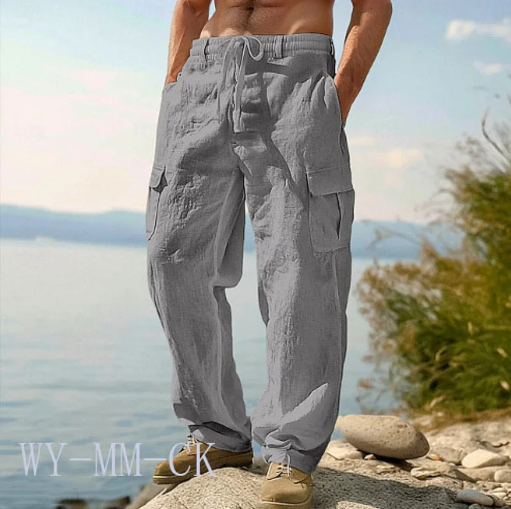 European And American Men's Cotton And Linen Trousers Multi-pocket Work Pants Loose Straight Sportswear And Casual Trousers