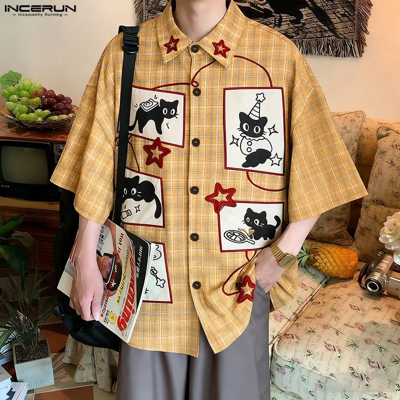 INCERUN Men Shirt Plaid Patchwork Patchwork Lapel Short Sleeve Men Clothing Loose Korean Style 2026 Summer Fashion Male Shirts