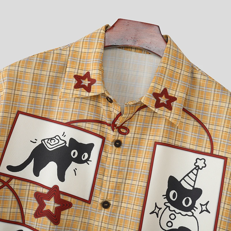 INCERUN Men Shirt Plaid Patchwork Patchwork Lapel Short Sleeve Men Clothing Loose Korean Style 2026 Summer Fashion Male Shirts