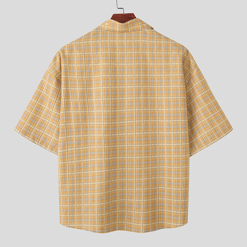 INCERUN Men Shirt Plaid Patchwork Patchwork Lapel Short Sleeve Men Clothing Loose Korean Style 2026 Summer Fashion Male Shirts