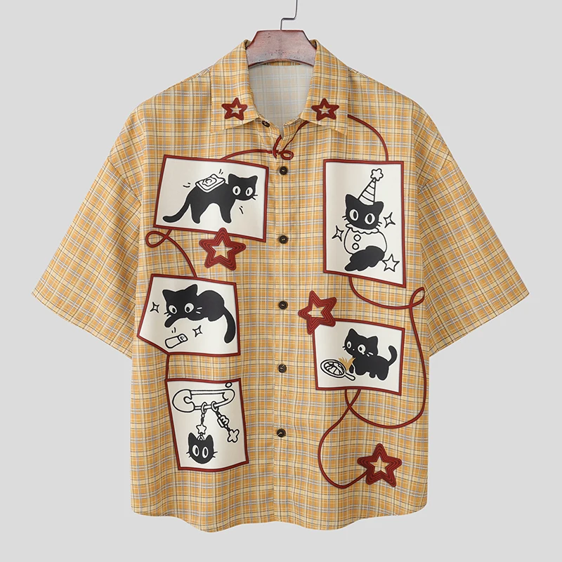 INCERUN Men Shirt Plaid Patchwork Patchwork Lapel Short Sleeve Men Clothing Loose Korean Style 2026 Summer Fashion Male Shirts