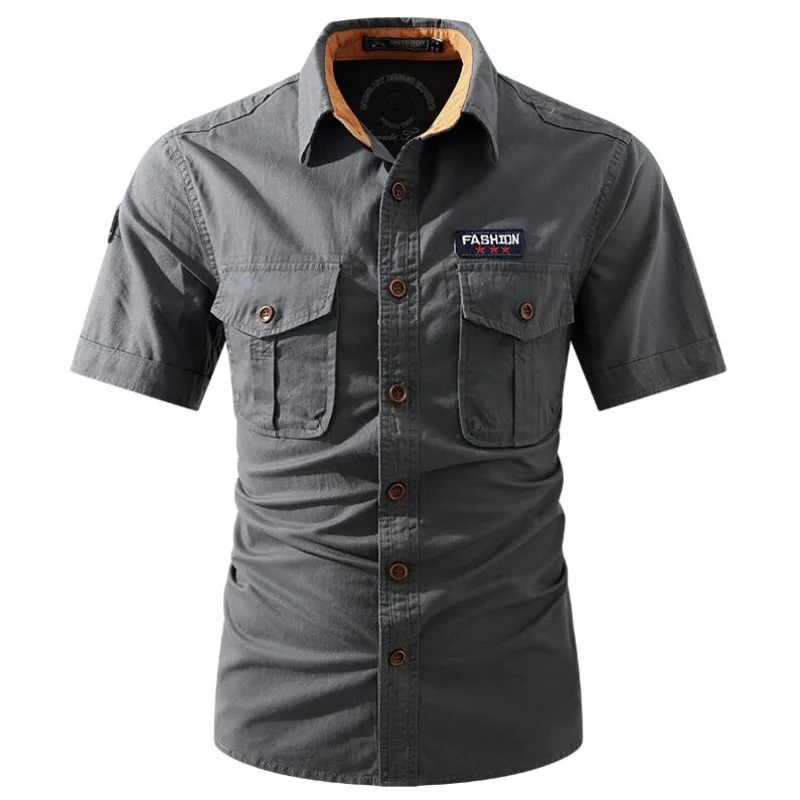 New Men Summer Short Sleeved Shirts Multi Pockets Military Tooling Shirts Quality 100% Cotton Male Outdoor Casual Shirts Size 5X