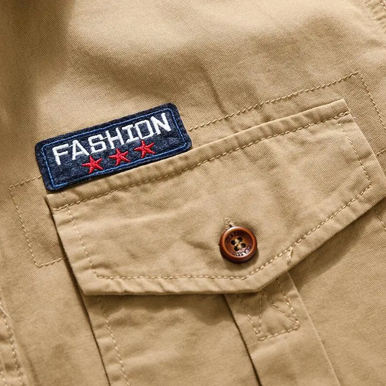 New Men Summer Short Sleeved Shirts Multi Pockets Military Tooling Shirts Quality 100% Cotton Male Outdoor Casual Shirts Size 5X