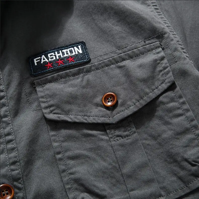 New Men Summer Short Sleeved Shirts Multi Pockets Military Tooling Shirts Quality 100% Cotton Male Outdoor Casual Shirts Size 5X