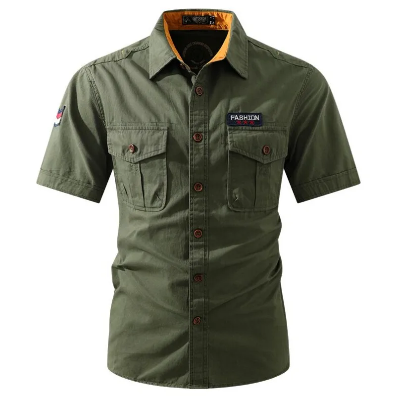 New Men Summer Short Sleeved Shirts Multi Pockets Military Tooling Shirts Quality 100% Cotton Male Outdoor Casual Shirts Size 5X