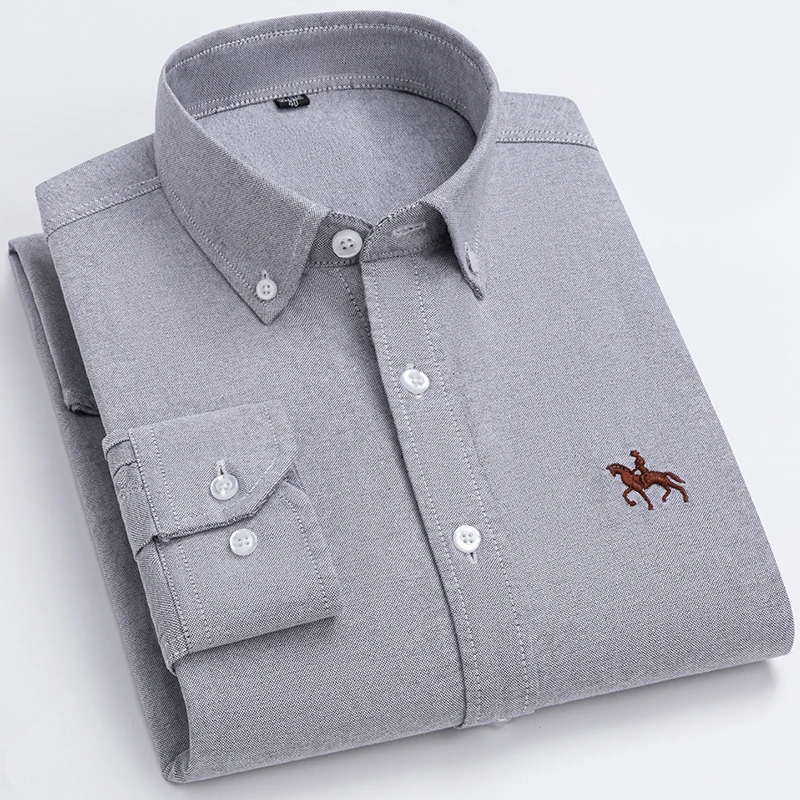 Quality 100% Cotton Oxford Shirt For Mens Long Sleeve Casual Business Regular-Fit Formal Dress Shirts Social Blouse Male Clothes