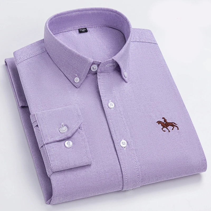 Quality 100% Cotton Oxford Shirt For Mens Long Sleeve Casual Business Regular-Fit Formal Dress Shirts Social Blouse Male Clothes