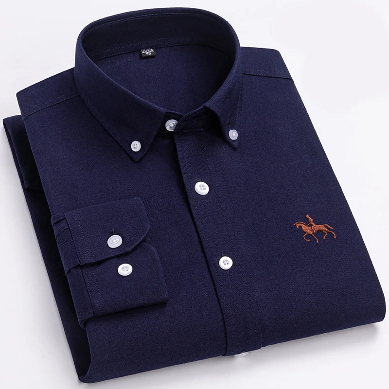 Quality 100% Cotton Oxford Shirt For Mens Long Sleeve Casual Business Regular-Fit Formal Dress Shirts Social Blouse Male Clothes