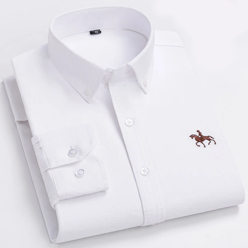 Quality 100% Cotton Oxford Shirt For Mens Long Sleeve Casual Business Regular-Fit Formal Dress Shirts Social Blouse Male Clothes