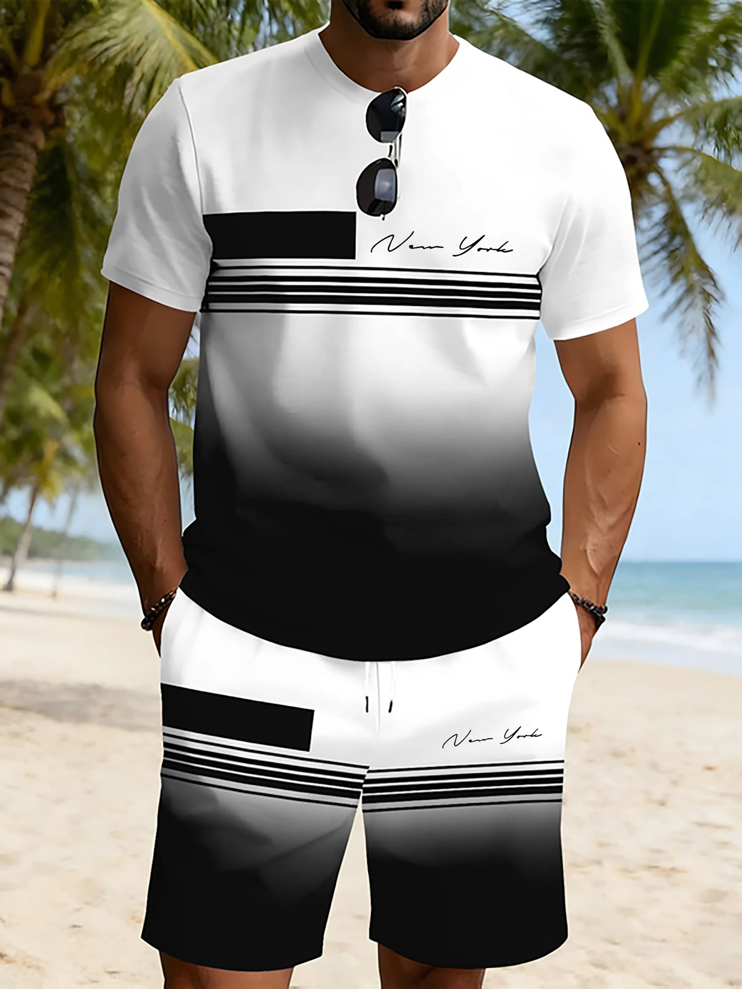 2026 Summer New Arrival Men's Casual Two-Piece Set Striped Print Short-Sleeve Shirt and Athletic Shorts Set Men's Fitness Set