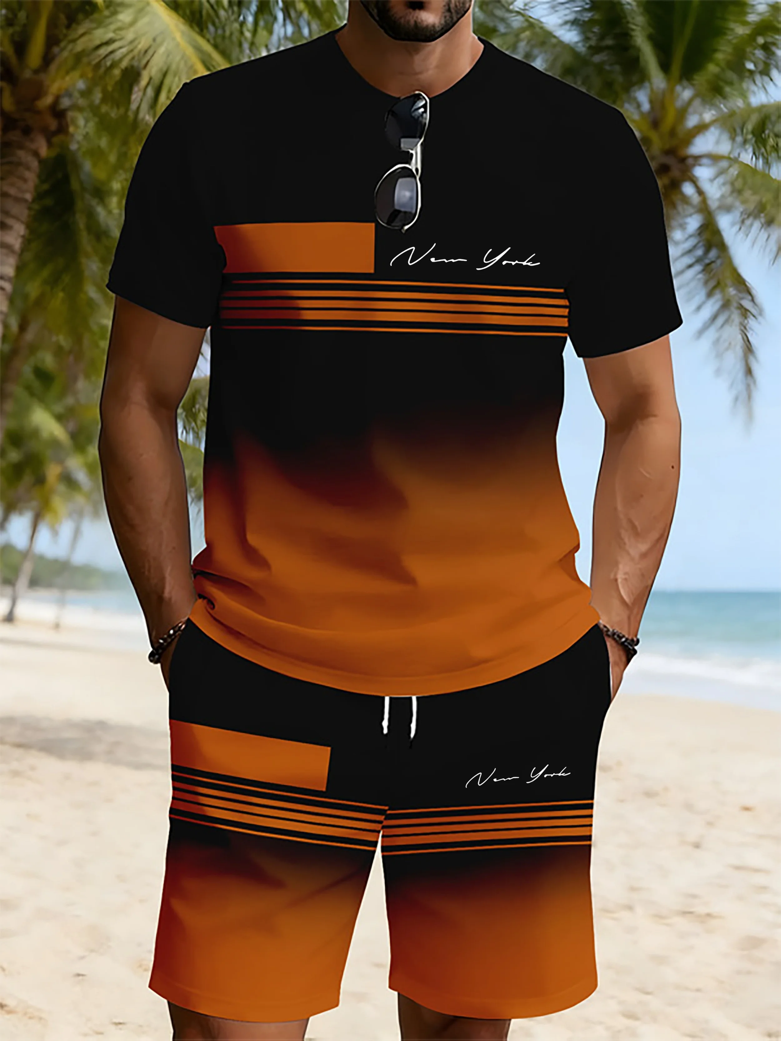 2026 Summer New Arrival Men's Casual Two-Piece Set Striped Print Short-Sleeve Shirt and Athletic Shorts Set Men's Fitness Set