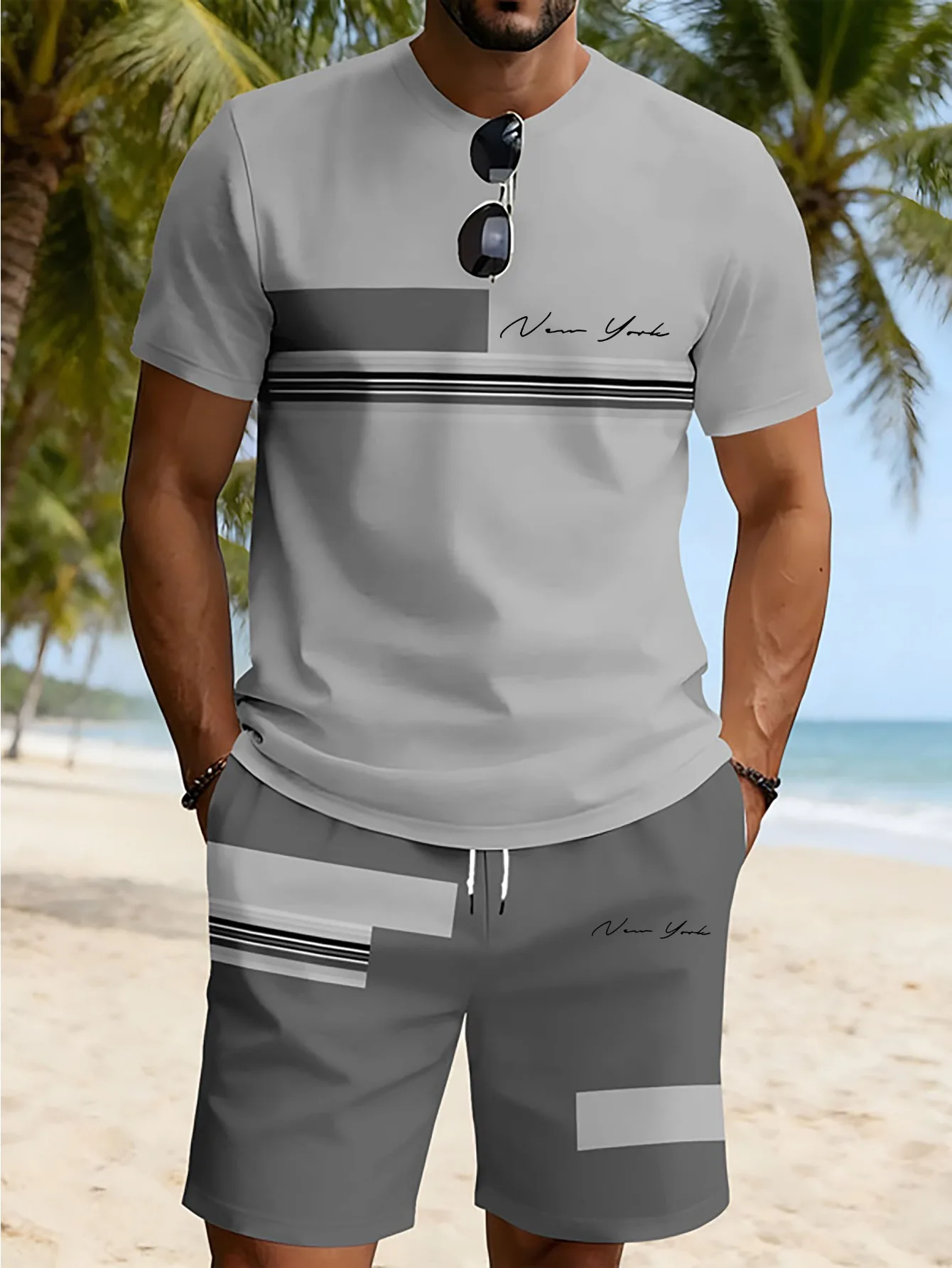 2026 Summer New Arrival Men's Casual Two-Piece Set Striped Print Short-Sleeve Shirt and Athletic Shorts Set Men's Fitness Set