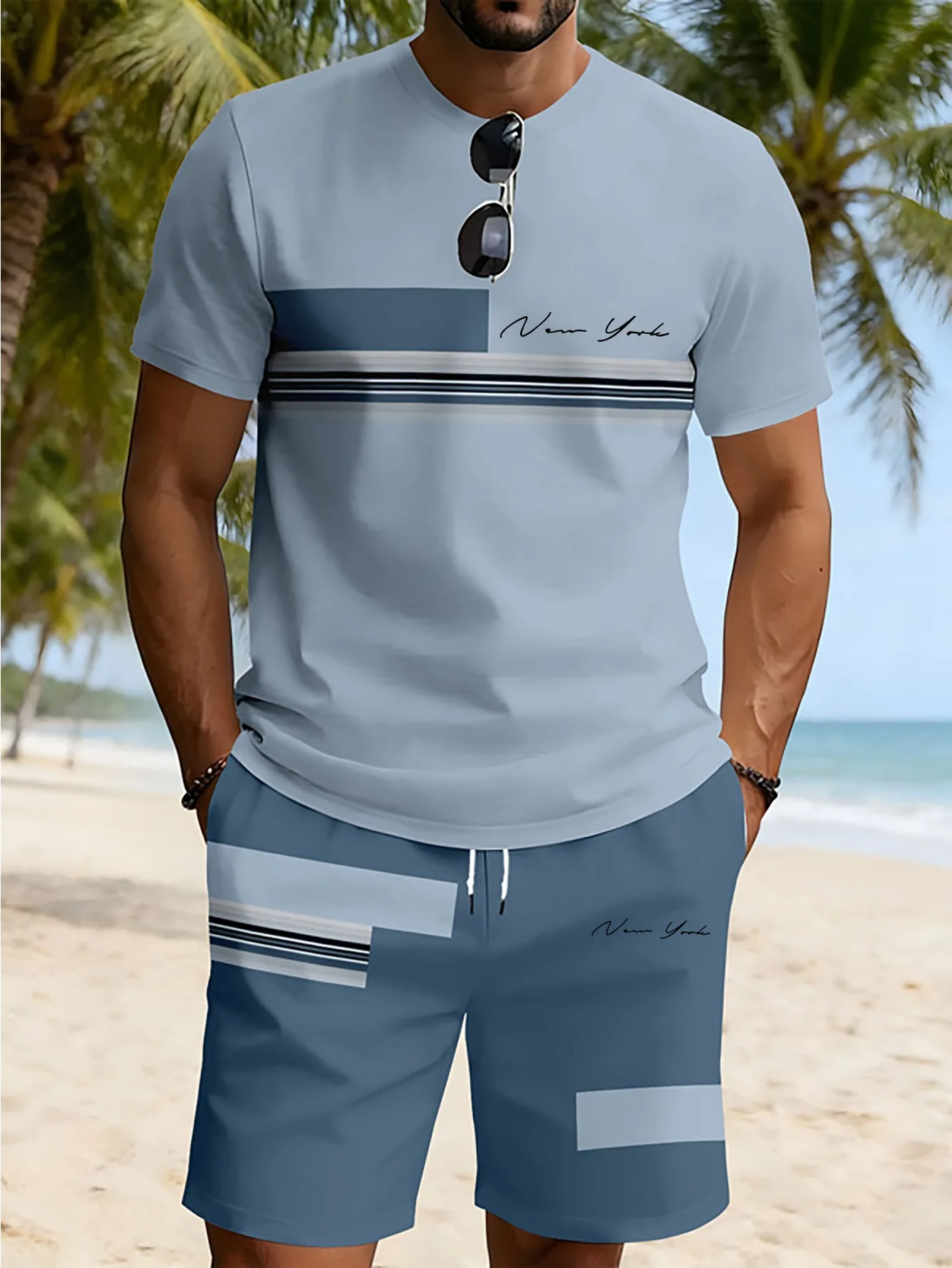 2026 Summer New Arrival Men's Casual Two-Piece Set Striped Print Short-Sleeve Shirt and Athletic Shorts Set Men's Fitness Set