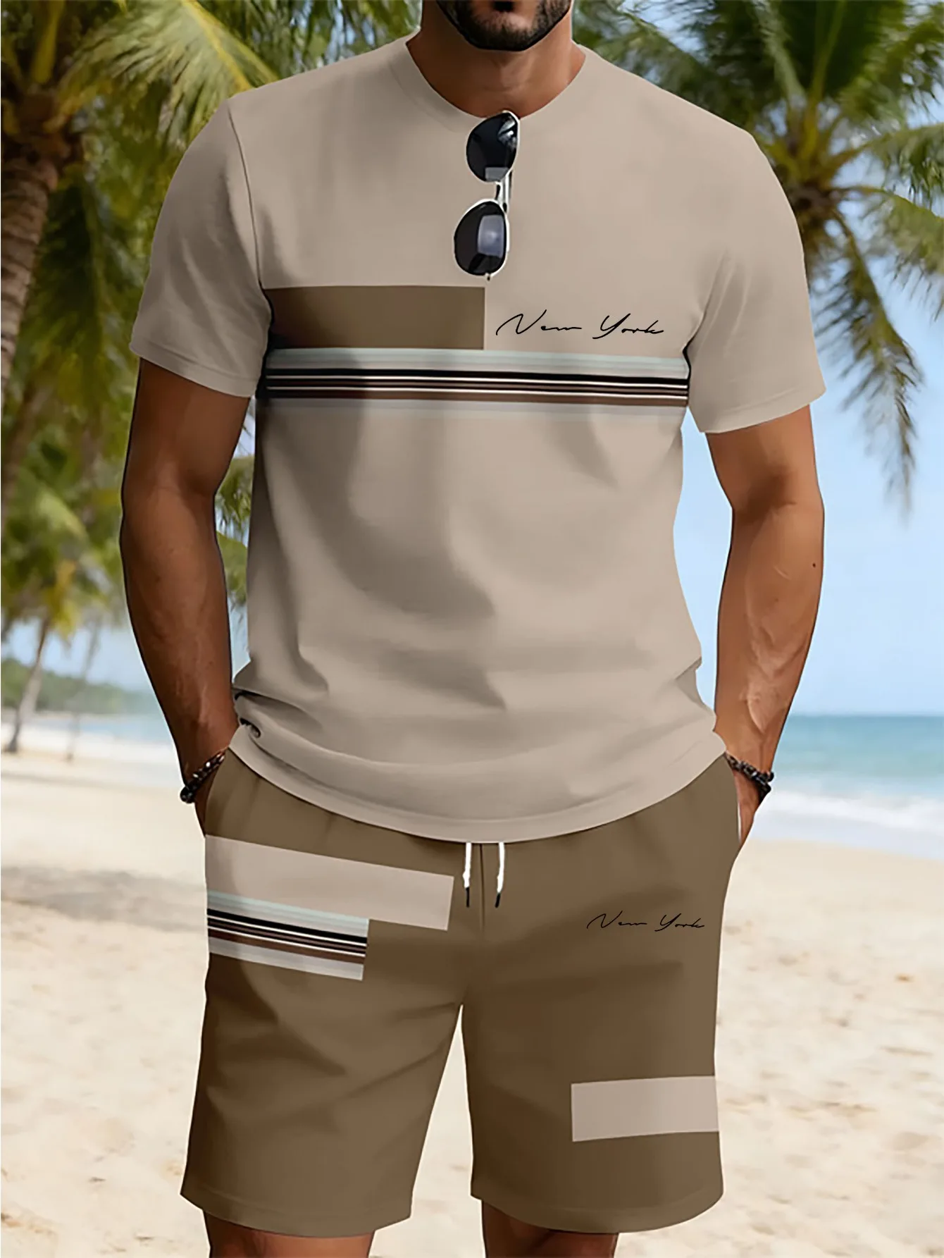 2026 Summer New Arrival Men's Casual Two-Piece Set Striped Print Short-Sleeve Shirt and Athletic Shorts Set Men's Fitness Set